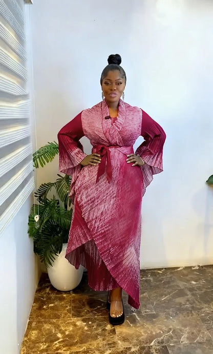 EGRM Miyake Pleated Robe Plus Size Women's Dresses Sets Fashion Strapless Skirt Cardigan Trench Coat Party Dress 2-Piece Set