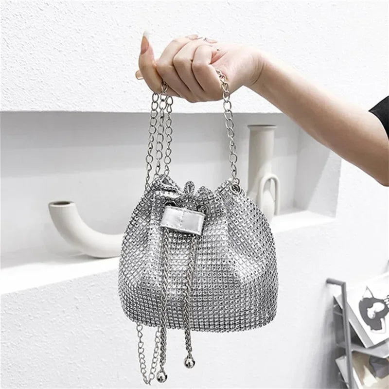 Sparkling Rhinestone Embellished Drawstring Crossbody Bag for Women Multi-Functional Bucket Purse with Detachable Chain Strap