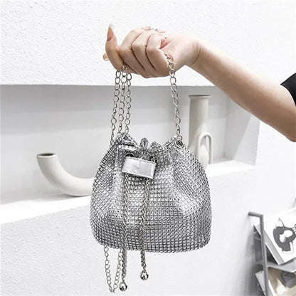 Sparkling Rhinestone Embellished Drawstring Crossbody Bag for Women Multi-Functional Bucket Purse with Detachable Chain Strap