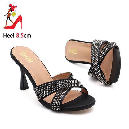 Rhinestone Slippers For Woman 2025 New Elegant Party Shoes Summer Thin High Heeled Slides Fashion Women Sandals Zapatos Mujer