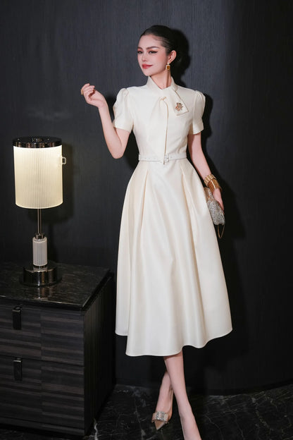 ZJYT Sweet Pink Bow Collar Dress for Women Short Sleeve Midi Formal Party Aline Vestidos Elegant Spring Summer Designer 2025 New