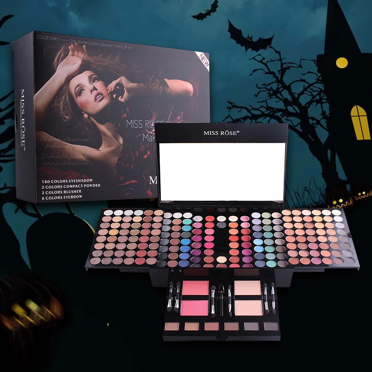 190-color professional makeup palette, eyeshadow, blush, and eyebrow powder 4-in-1, comes with mirror and a full set of brushes,