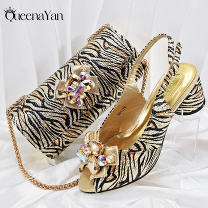 Queena Yan 2025 Women Elegant Gold High Heel Shoe and Matching Bag Set with Rhinestone Accents Stylish Peep Toe Design for Party