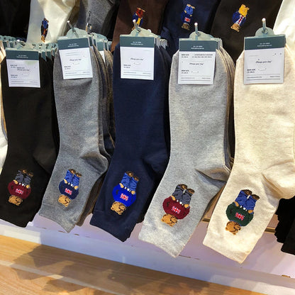 Polo Socks Men Gentleman Cotton Socks Bear Cartoon Bussiness Harajuku Skateboard Novelty Breathable Sox Designer Socks Size46-39