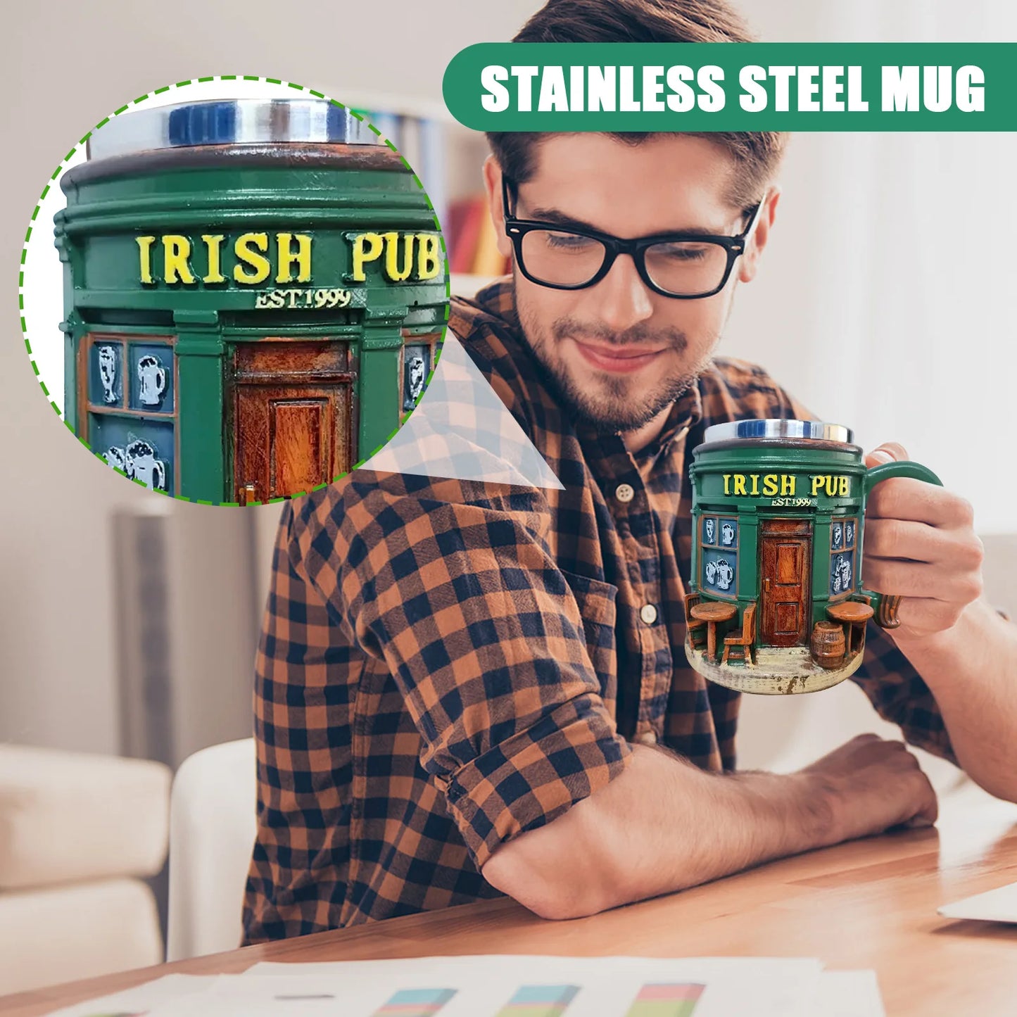 3D Pattern Irish Pub Stainless Steel Mug Home Bar Resin Crafts Ornaments Beer Mug Coffee Cup Drinking Utensils Xmas Holiday Gift
