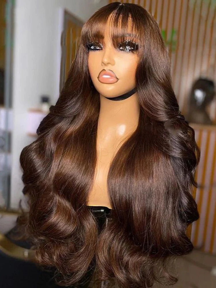 Chocolate Brown 13x6 HD Lace Frontal Human Hair Wig With Bangs Fringe Body Wave Lace Front Wig Colored 4# Cheap Wigs With Bang