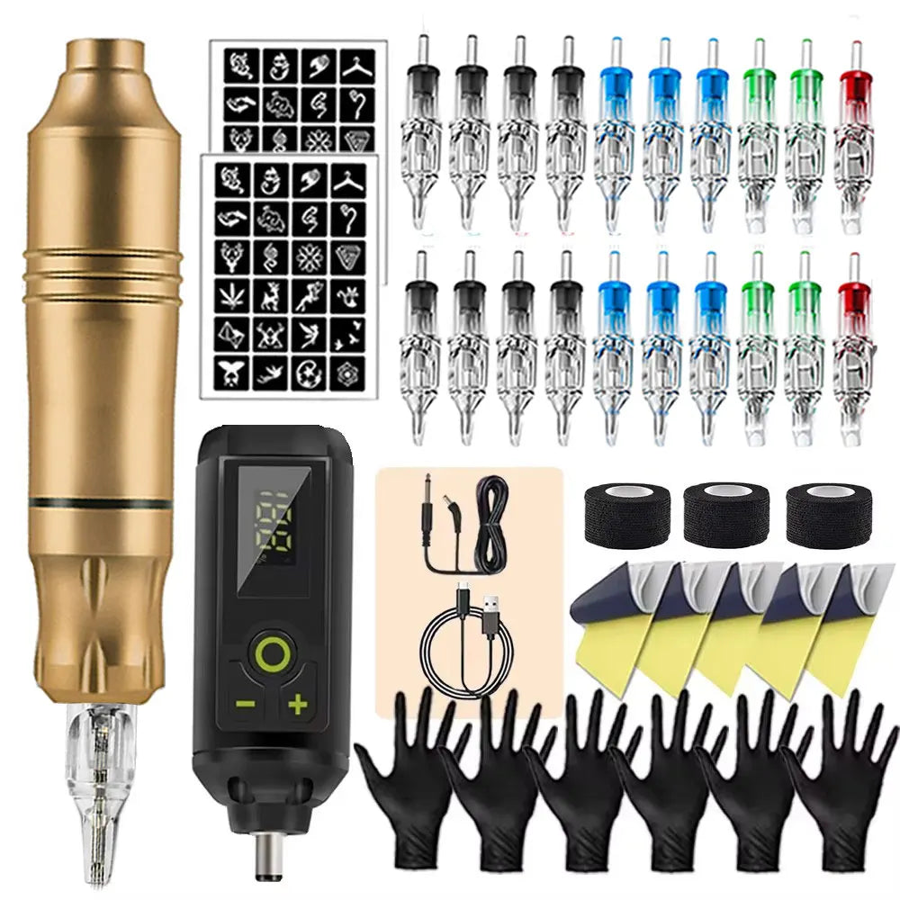 Tattoo Kit Rotary Wireless Tattoo Machine Pen with Tattoo Cartridge Needles Accessories Set Tattoo Design Draw Kit