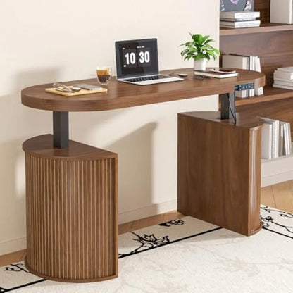 Mid Century Modern Electric Standing Desk with Storage 55 x 22 Inch Small Sit Stand Up Desk Wood Adjustable Height Computer Exe