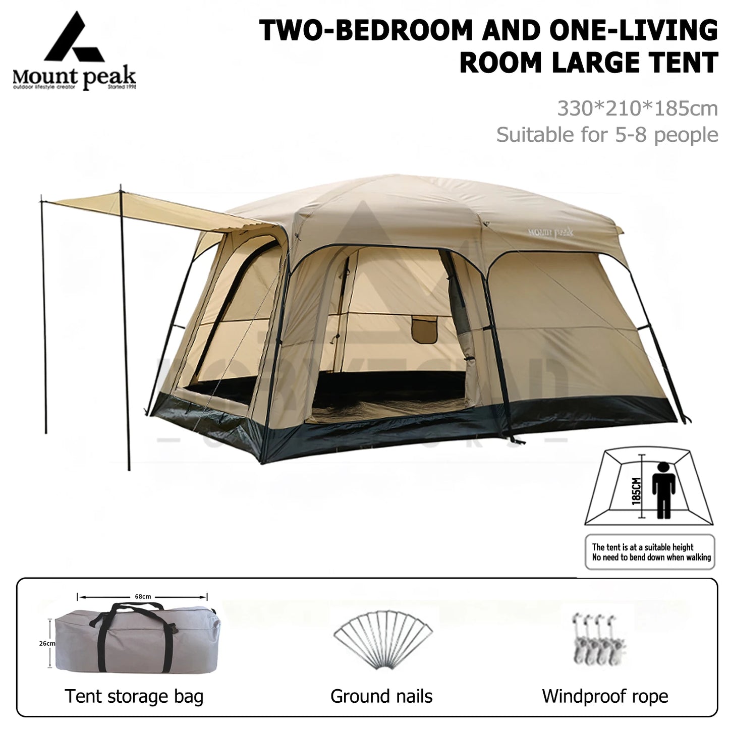 Mount Peak offers two-bedroom tents that can accommodate 5-8 people, and outdoor camping park family tents with sunshades.