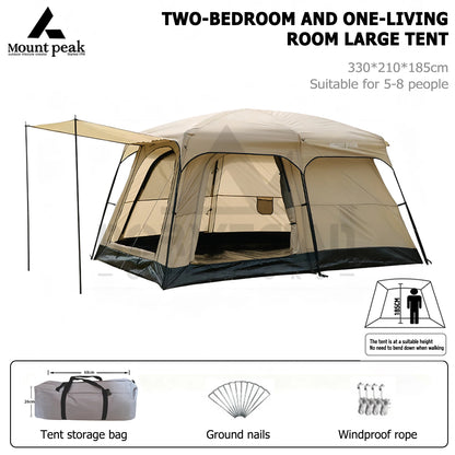 Mount Peak offers two-bedroom tents that can accommodate 5-8 people, and outdoor camping park family tents with sunshades.
