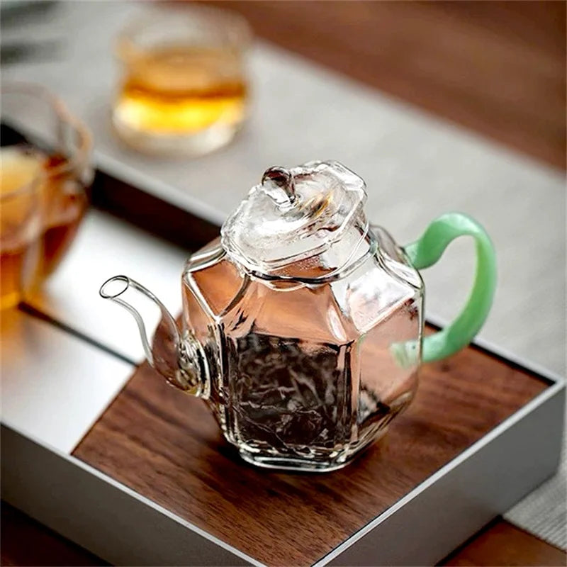 Hexagonal Imitation Jade Handle Glass Teapot Heat Resistant Small Capacity 210ml Boiling Flower Green Tea Pot Kung Fu Tea Set