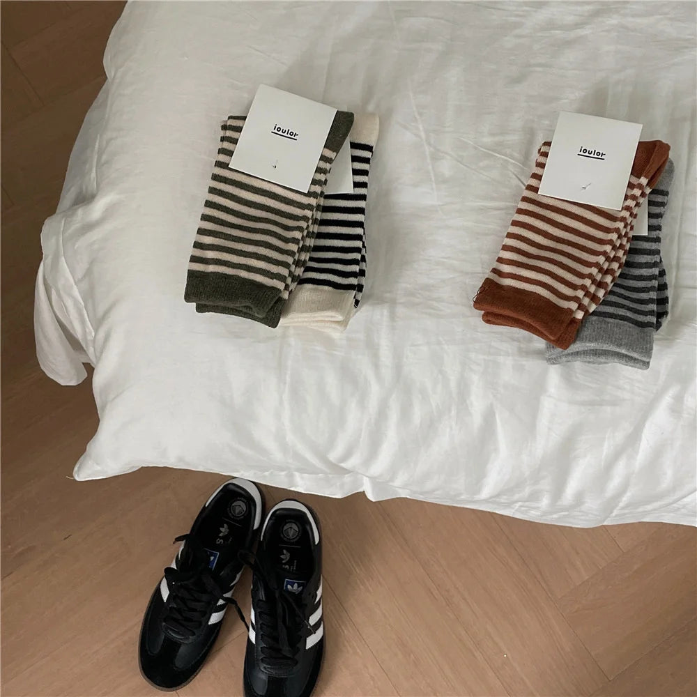 Korean Simple Colored Striped Cotton Socks Women’s Autumn Winter Breathable Middle Tube Socks College Style Trendy Casual Socks