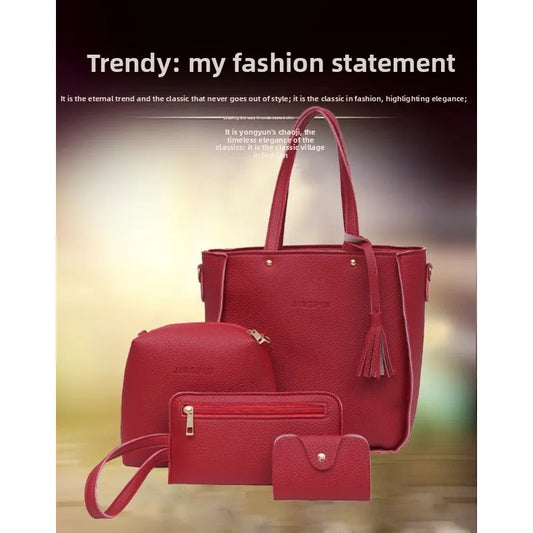 Korean Style Trendy Women's Bag Set, Litchi Pattern, Four-Piece Nested Large Handheld Bucket Bag