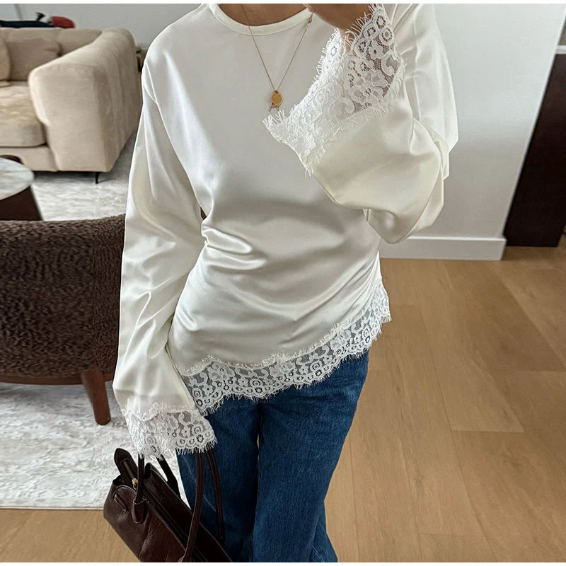 Tie Up Lace Women's Top Sexy O-neck Patchwork Irregular Full Sleeves Blouse Female 2026 Spring Fashion All Match Woman Shirts