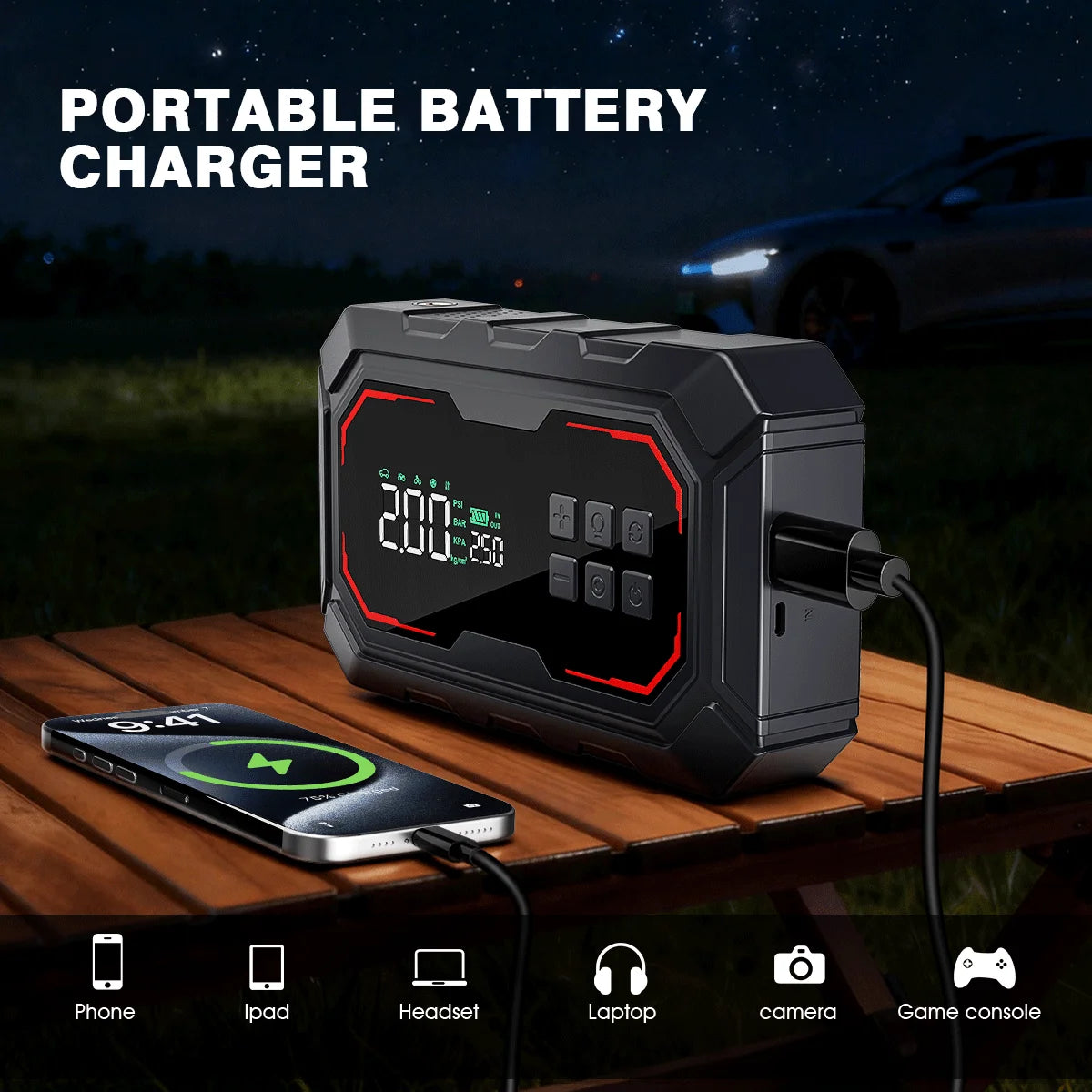 Car Jump Starter with Air Compressor Peak Auto Battery Booster 150PSI Air Pump Portable Power Bank Tire Inflator Lighting