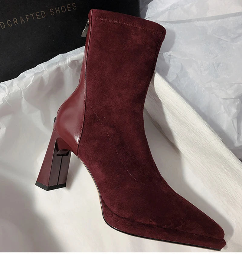 Square High Heel Women Ankle Boots Fashion Zippers Shoes Retro Style Autumn Winter Pointed Toe Ladies Dancing Party Prom Shoes