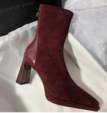 Square High Heel Women Ankle Boots Fashion Zippers Shoes Retro Style Autumn Winter Pointed Toe Ladies Dancing Party Prom Shoes