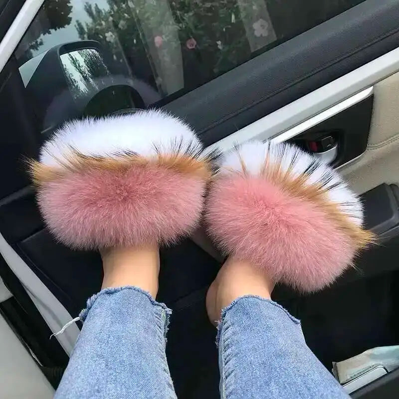 Fur Slippers Women Summer Fluffy Plush Casual Fluffy Flat Non-Slip Real Fox Fur Slides Outdoor Flat Ladies Sandals Flip Flops