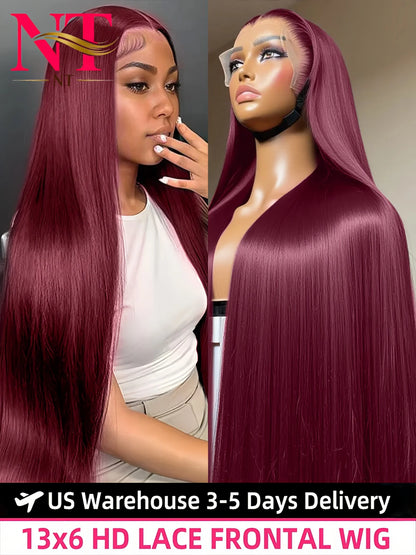 99J Red Burgundy Colored Lace Frontal Human Hair Wigs 13X6 HD  Straight Lace Front Wig250 Density Pre Plucked  Human Hair Wig