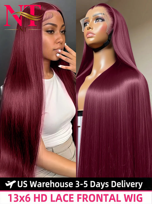 99J Red Burgundy Colored Lace Frontal Human Hair Wigs 13X6 HD  Straight Lace Front Wig250 Density Pre Plucked  Human Hair Wig
