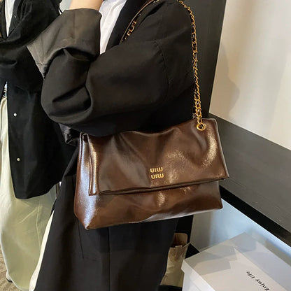 2025 Women‘s Bag Retro PU Leather Underarm Bag autumn and winter Large capacity Commuting Folded Chain Shoulder Bucket Tote Bag