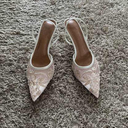 Mesh Embroidered Thin High Heels Sandals Women 2025 Summer Sexy Slingback Pointed Toe Pumps Dress Shoes Woman Sandalias De Mujer
