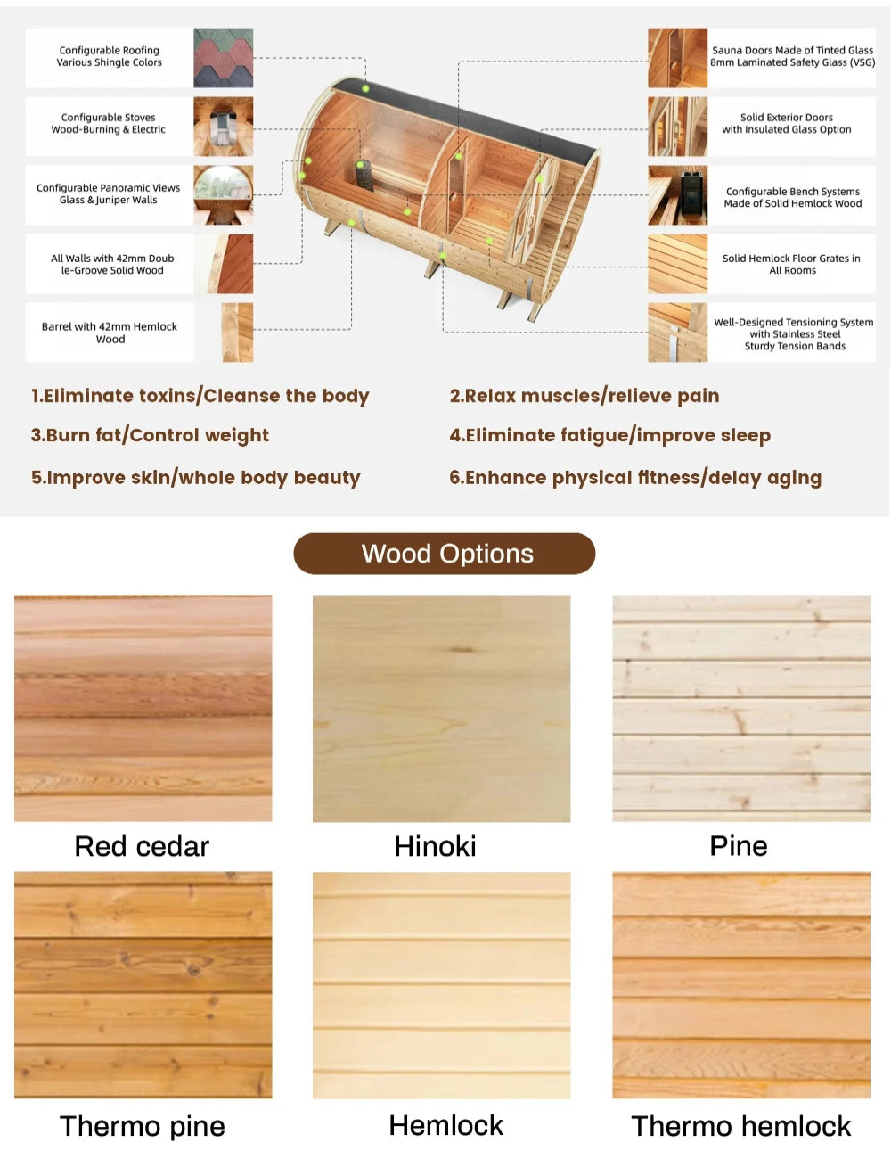 Customizable 6 Person Outdoor Sauna with Hot Tub Canadian Hemlock Wood Traditional Steam Sauna with Jacuzzi for Resort
