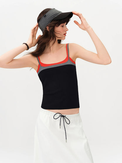 FSLE 2026 Summer Women Color Block Contrast Trim Cami Top, Navy Slim Fit Cropped Vest for Y2K Daily Layering Style Chic Hot Girl