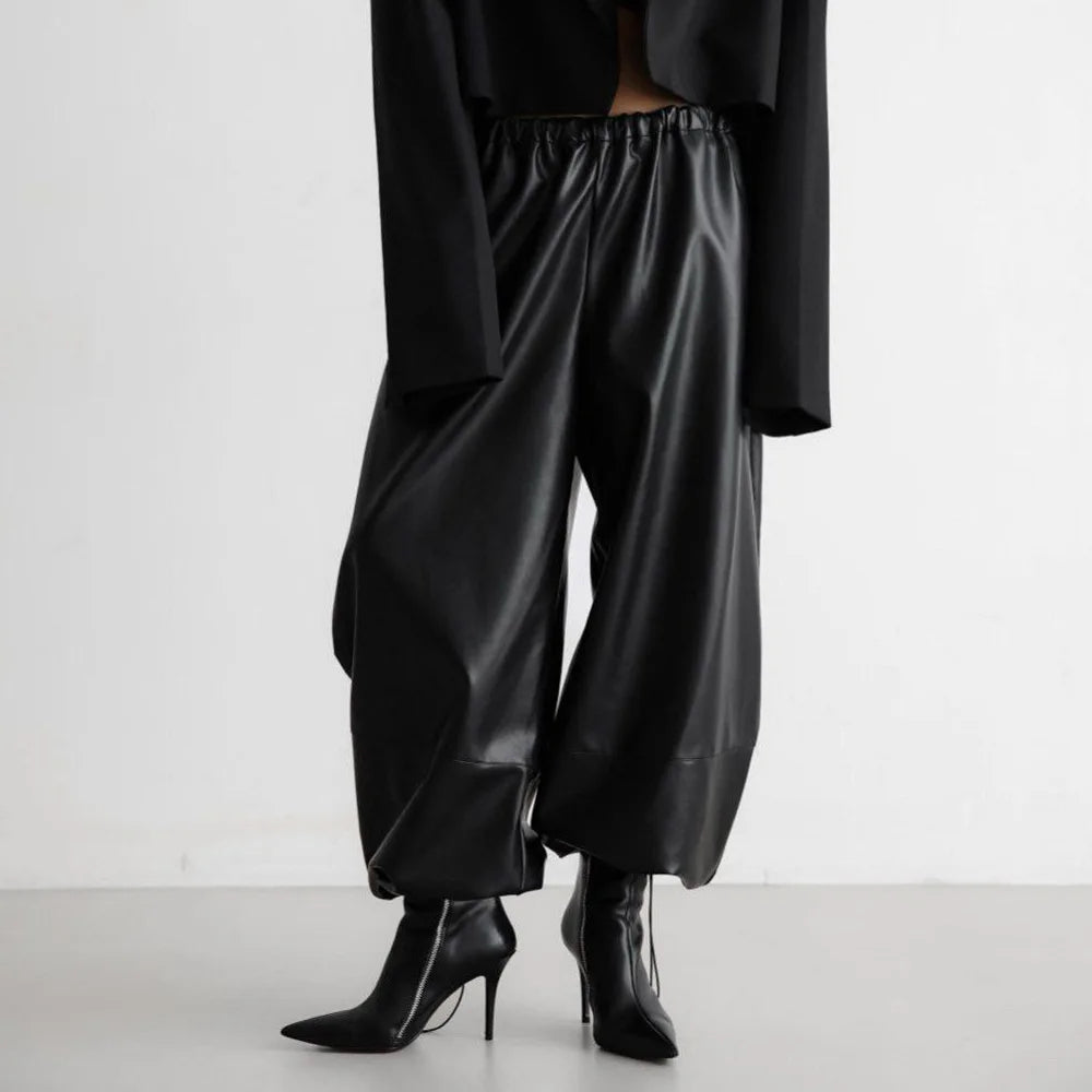 Autumn Women Pu Leather Elastic Waistband Lantern Pants Lady Casual Loose Shiny PU Trousers Trend Fashion Street Long Pants 2025