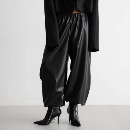 Autumn Women Pu Leather Elastic Waistband Lantern Pants Lady Casual Loose Shiny PU Trousers Trend Fashion Street Long Pants 2025