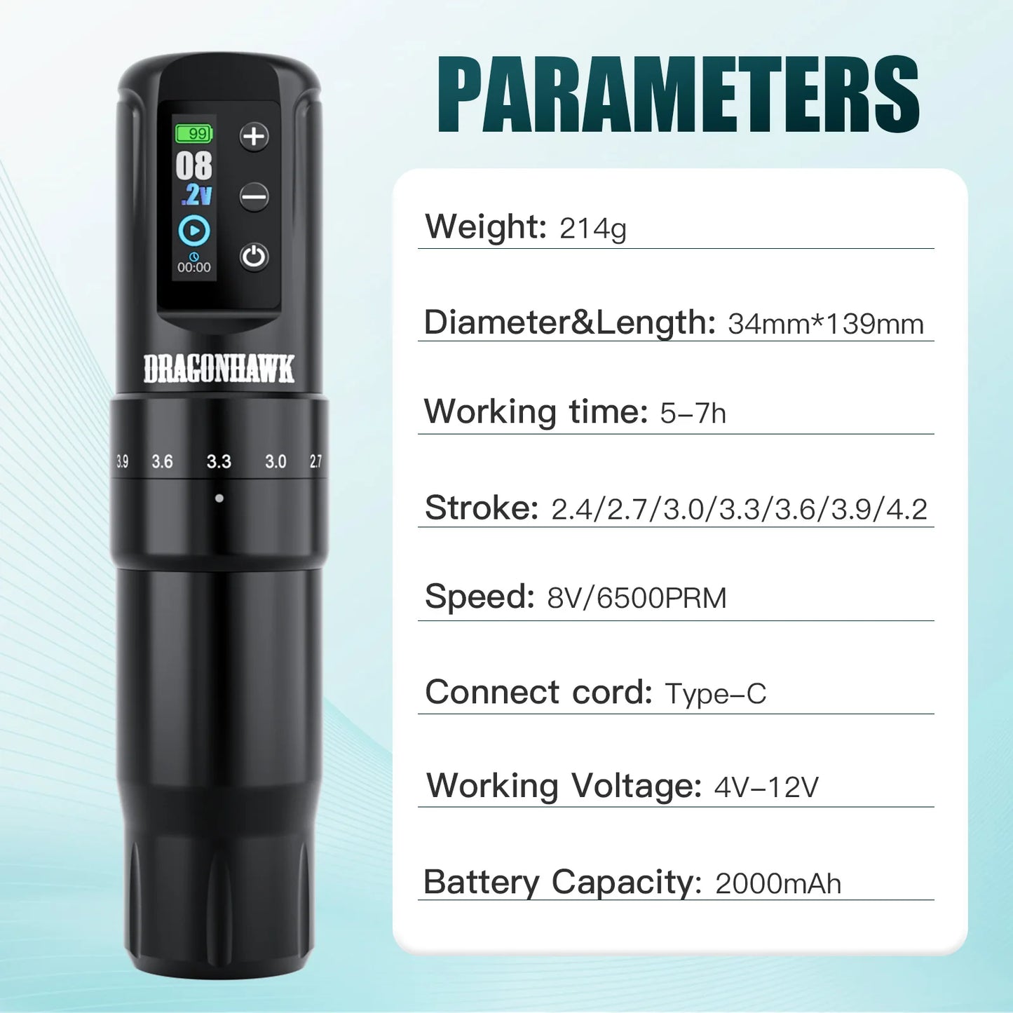 Dragonhawk Wireless Tattoo Machine 7 Strokes Length Power By Mcore-A3 Wireless Wire Battery RCA  Pen Rotary Gun Supplies