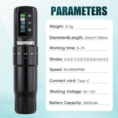 Dragonhawk Wireless Tattoo Machine 7 Strokes Length Power By Mcore-A3 Wireless Wire Battery RCA  Pen Rotary Gun Supplies
