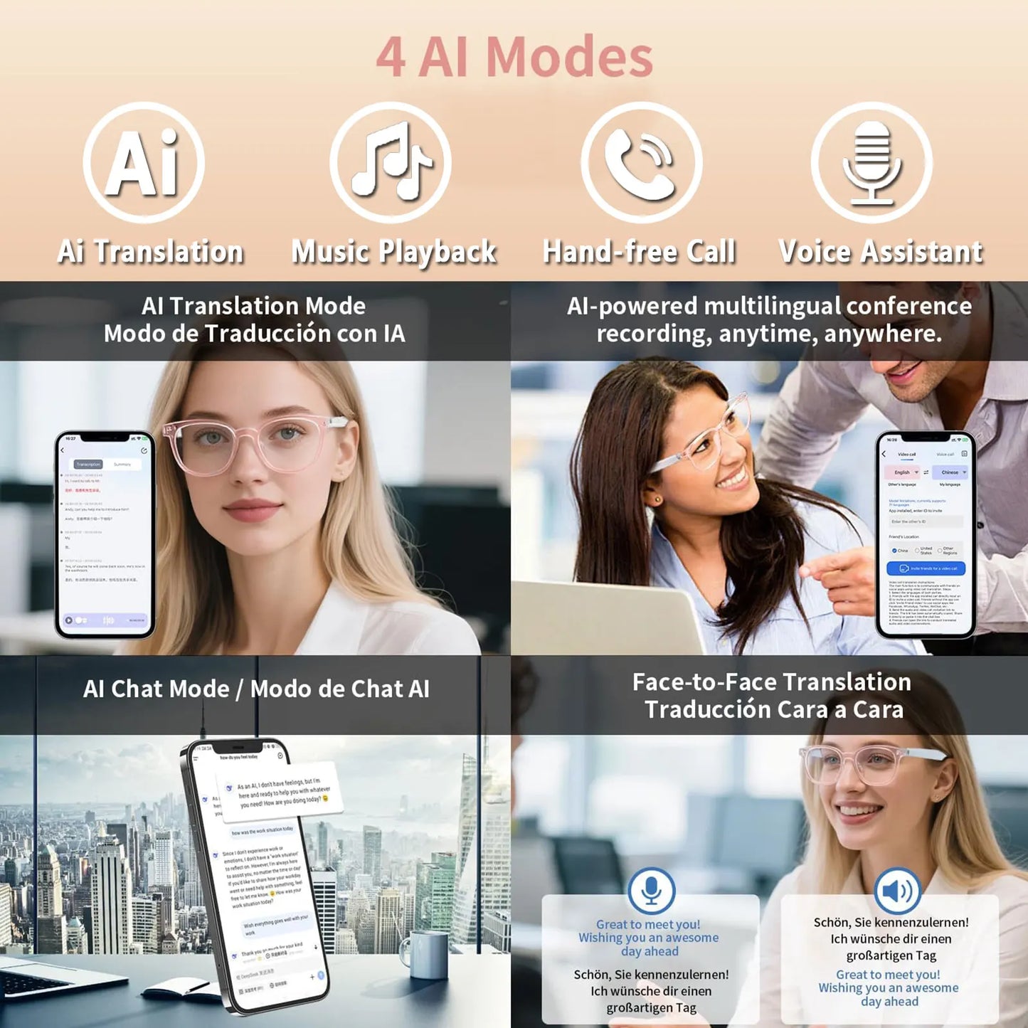 Smart Audio Glasses with Real-Time Translation Hi-Fi Music Playback Noise-Cancelling Voice Calls And Photochromic Lenses