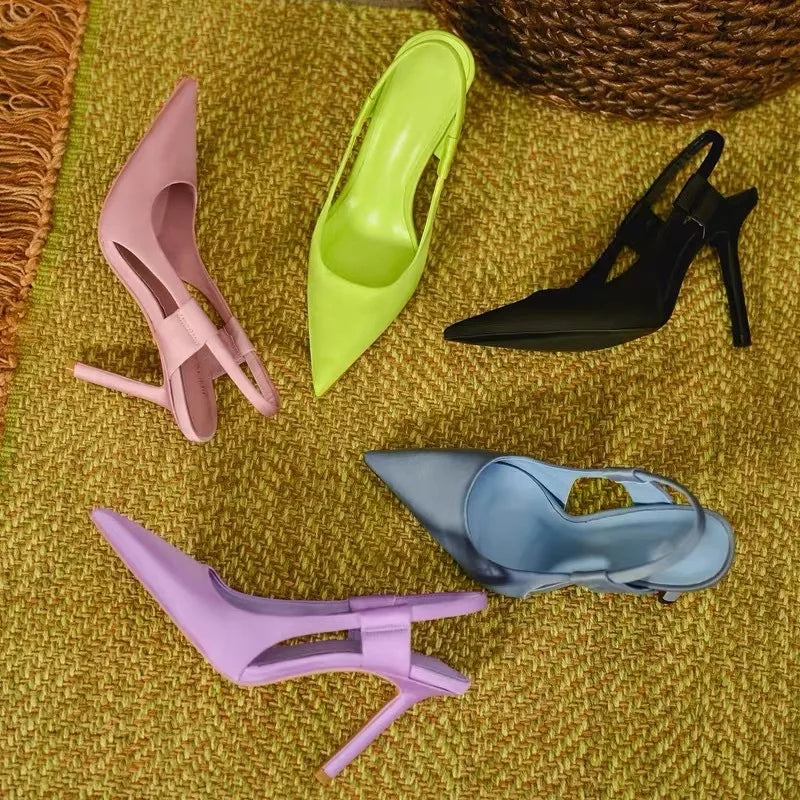 2025 New Fairy Pink Womens High Heel Sandals Pointed Toe Shallow Mouth Soft Leather Heels Ladies Fashion Banquet Versatile Shoes