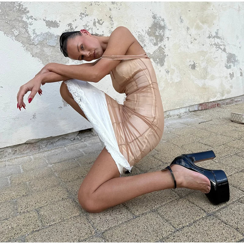 Sheer Mesh Overlay Lace Hem Slip Midi Dress Slim Spaghetti Strap 2026 Summer Elegant Women Bodycon Dress Trendy Date Lady Gown