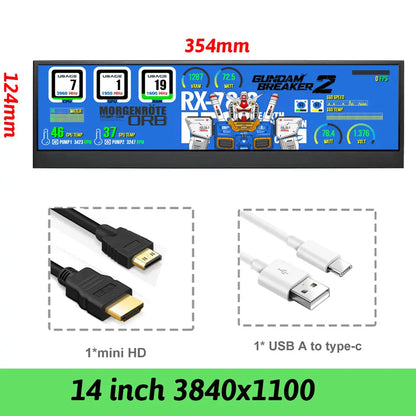 Wisecoco 14 Inch 4K 3840X1100 Aida64 IPS LCD Monitor Ultrawide PC Secondary Gaming Console For Raspberry Pi5 7.8''/8.8''/12.6''