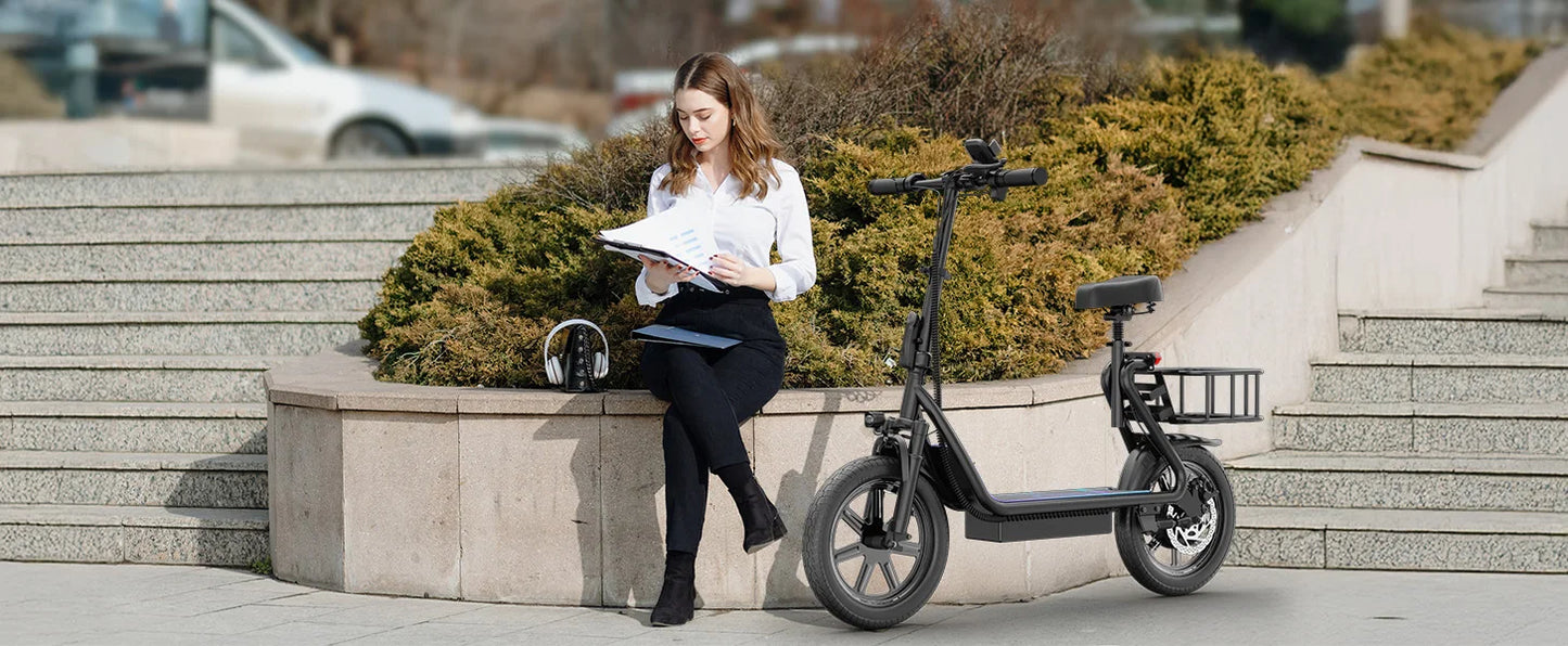 PORORO 14inch Electric Bicycle 10.5AH Battery 28Miles Max Range 22MPH Max Speed Shock Absorption Foldable E Scooter with Seat