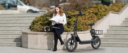 PORORO 14inch Electric Bicycle 10.5AH Battery 28Miles Max Range 22MPH Max Speed Shock Absorption Foldable E Scooter with Seat