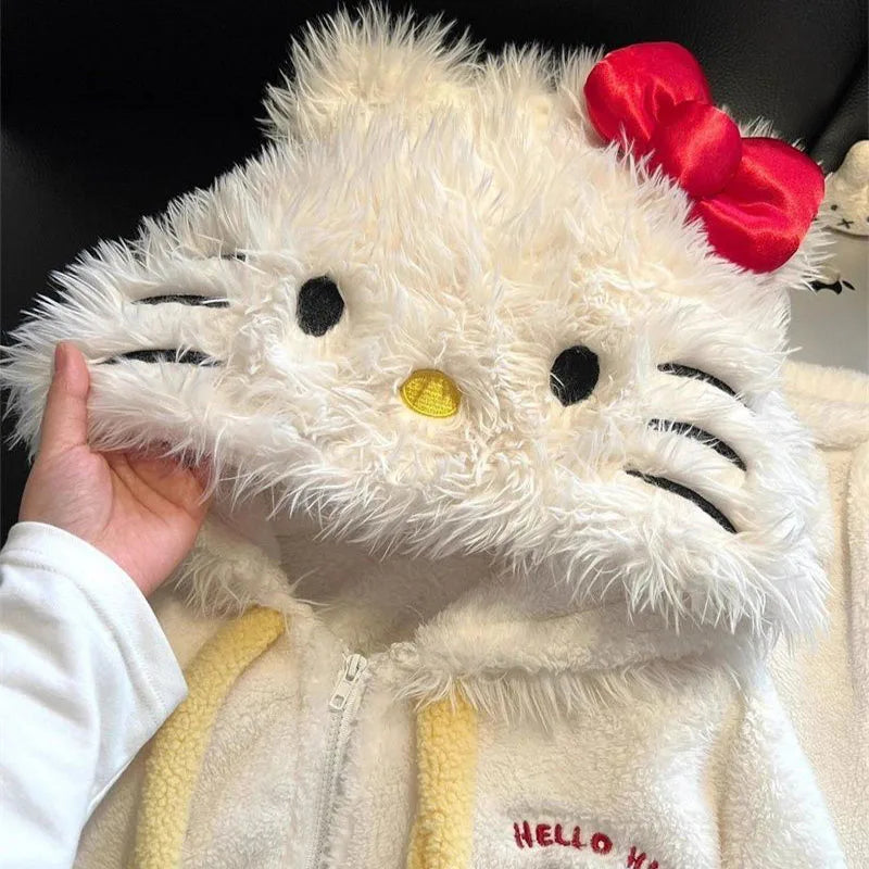 Cute Hello Kittys Hooded Pajamas for Women Winter Coral Fleece Thickened Warm Girls Sleepwear Students Casual Home Clothes Set