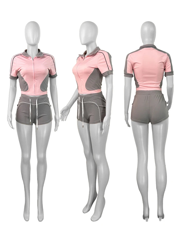 Women Sets Outfit Summer Streetwear Panelled Two Tone Slim Sports Short Sleeve Shorts Suits Zip Crop Tops Casual 2 Two Piece Set
