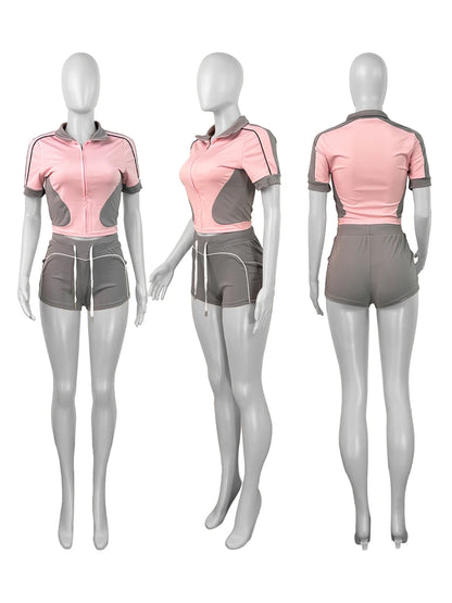 Women Sets Outfit Summer Streetwear Panelled Two Tone Slim Sports Short Sleeve Shorts Suits Zip Crop Tops Casual 2 Two Piece Set