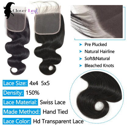 Body Wave Closure Only 4x4/5x5/2x6 HD Lace Closure Human Hair Extensions Baby Hair Brazilian Swiss Transparent Lace For Women