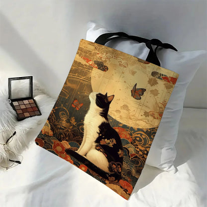 Classic Black And White Cat Tote Bag With Cat Print, Reusable Shoulder Shopping Beach Bag For Women, Durable Casual Carryall