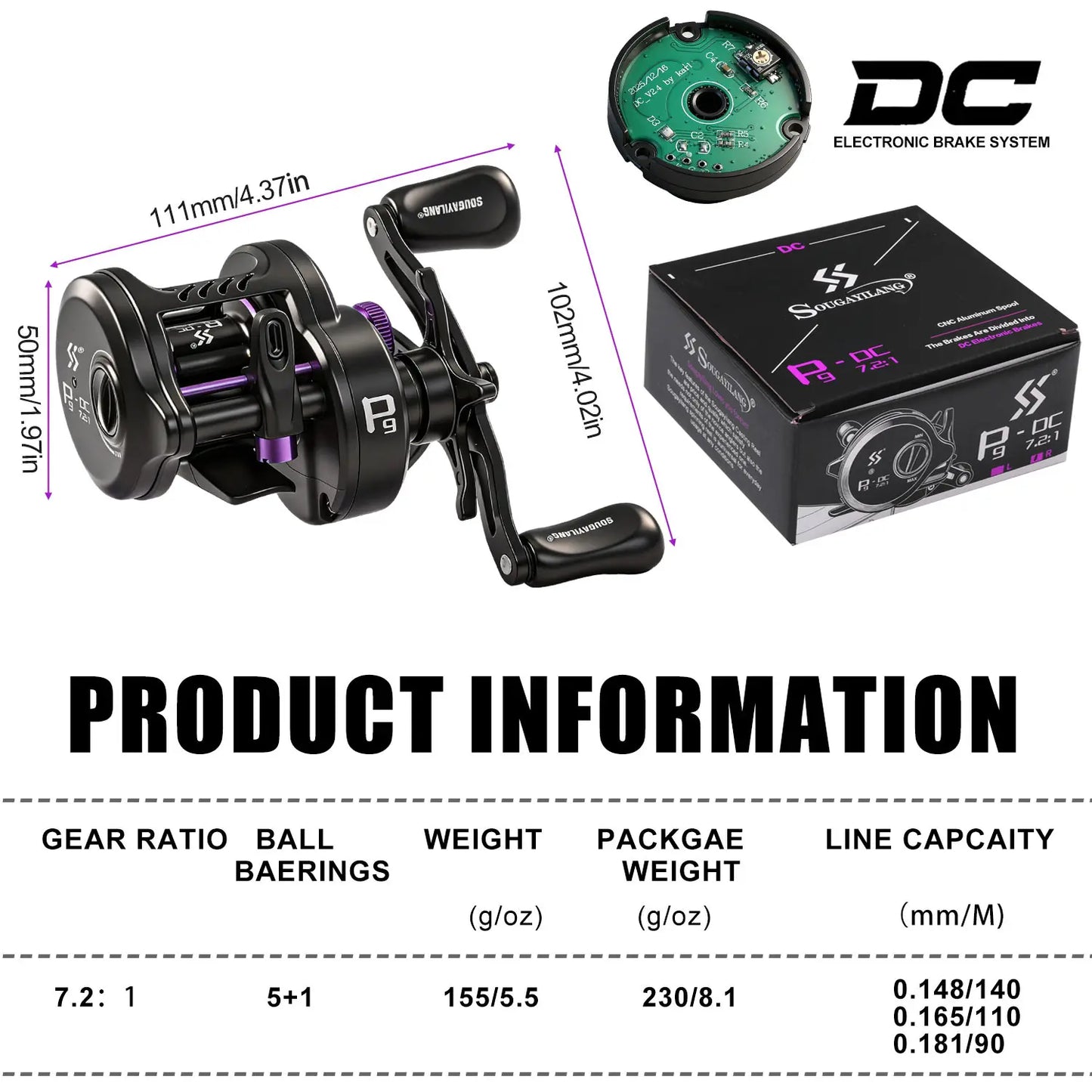 Sougayilang P9-DC Round Baitcasting Reel Electronic DC Brake System 7.2:1 Gear Ratio Ultralight Casting Fishing Reel Saltwater
