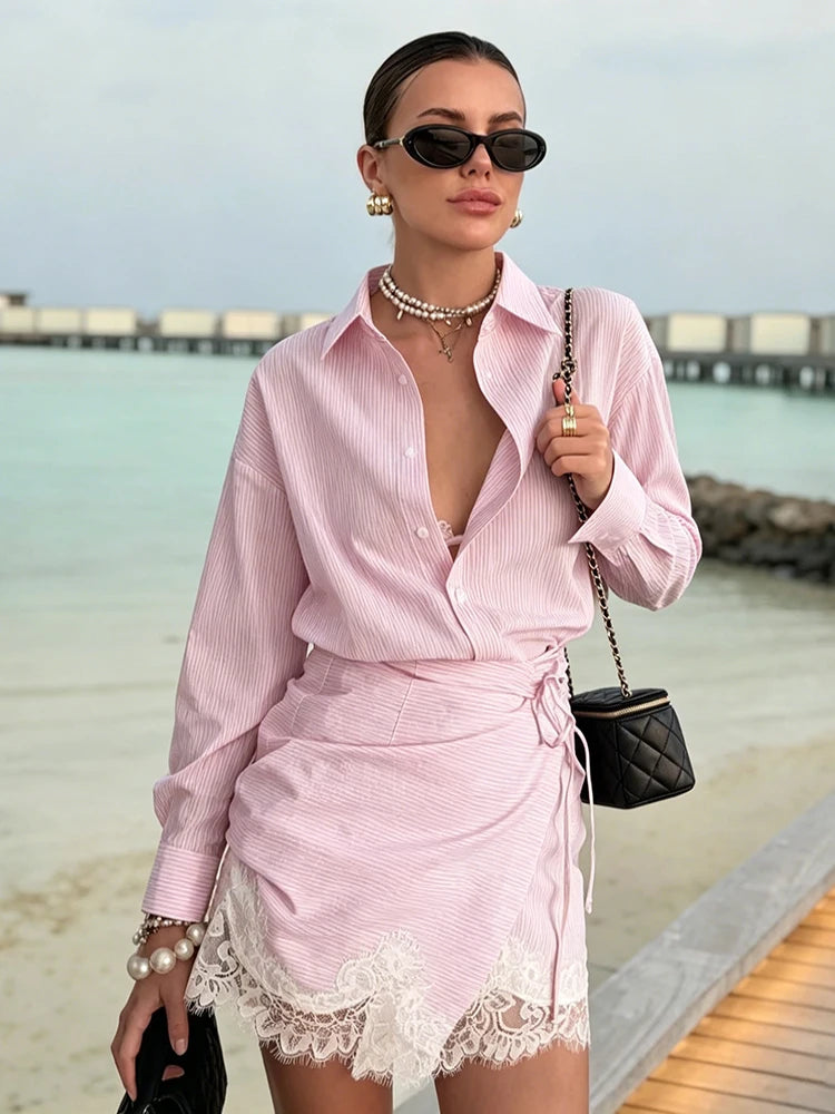 Striped Mini Dress Women Lapel Single Breasted Long Sleeves Lace Patchwork Waistband Robe Female 2026 Summer Beach Vacation Sets