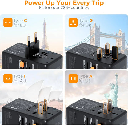 TESSAN International Plug Adaptor GaN Travel Adapter with Universal Outlet 1 USB A 3 Type C Fast Charger for EU/UK/USA/AUS
