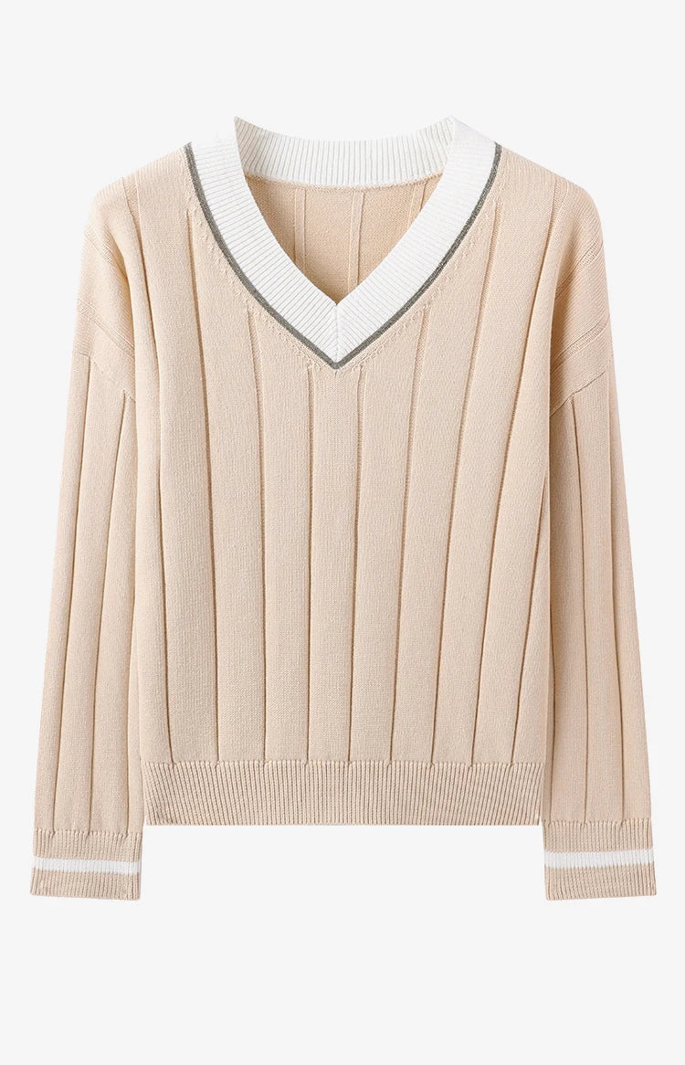 BY4521246 Women's Luxurious V-Neck Long Sleeve Sweater 100% Cotton Casual Knitted Pullover Fall Winter 2025