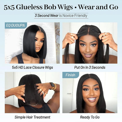 Glueless Wigs Human Hair Pre Plucked Pre Cut Wear and Go 5X5 HD Lace Closure Bob Wig Straight Short Bob Wig Human Hair for Women