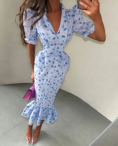 Printed V-neck Waist Cinched Pleated Dress Lapel Short Sleeve High Waisted Maxi Dresses Elegant Women's Summer New Vestidos