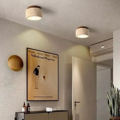 Yellow Travertine LED Ceiling Lamp Japanese Wooden Downlight round Wood Light for Living Room Corridor Porch Balcony